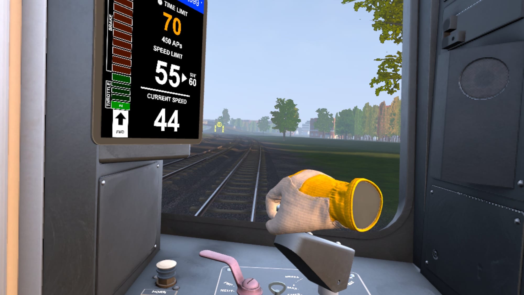 Train Sim World VR: New York screenshot shows a train driver holding a handle