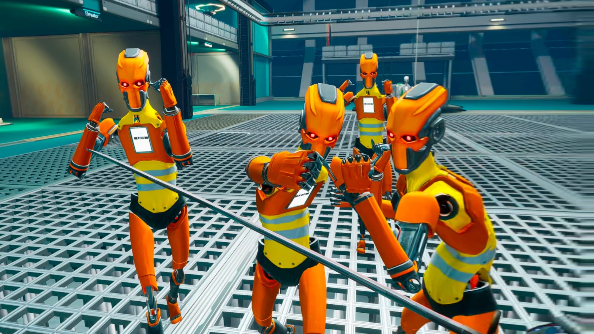 Four orange robots with red eyes and a yellow torso with two blue strips trying to attack you as you hold a sword